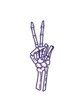 Parlak ışık efekti, dövmenin geleneksel stiliyle bir iskeletin barış işareti vermesi.