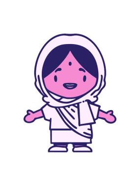 Geleneksel giysiler içinde, kolları açık bir çizgi film karakteri olan Hintli kadın animasyonu