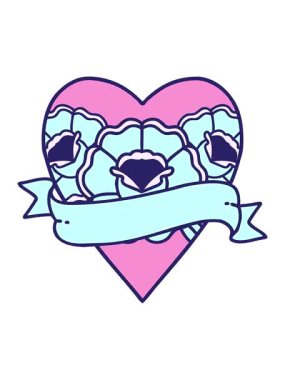 Geleneksel bir kalp ve çiçek pankartıyla dövmenin hareketli baskısı