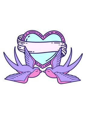 Dövmenin titreşimli animasyonu geleneksel kırlangıç stilinde ve sancaklı bir kalp