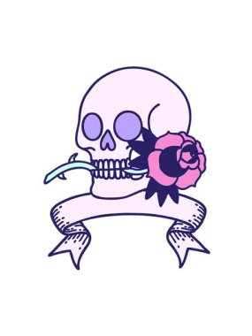 Kafatası ve gül pankartıyla geleneksel dövmenin hareketli animasyonu