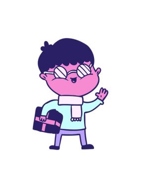 Hediye taşıyan gözlüklü çizgi film çocuğunun animasyonunu salla ve durdur.