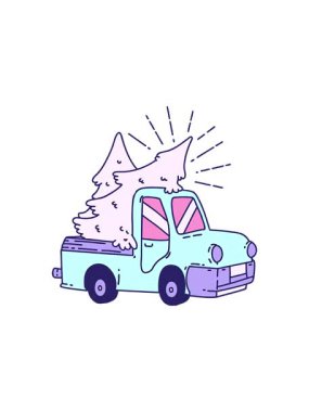 Ağaçları taşıyan geleneksel dövme kamyonu çiziminin radyoaktif parlak animasyonu