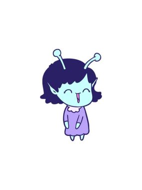 Çizgi filmdeki gülen uzaylı kızın gösterişli satış animasyonu.