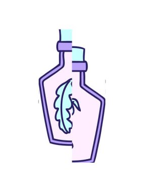 Cam bir şişeye kapatılmış sihirli bir tüy karikatürünün bölünmüş hareketi.