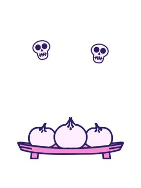 Geleneksel Japon hamur köftelerinin ahşap tepside dönen kafatası animasyonu