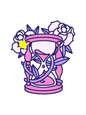 Parıldayan yıldızlar, saat camının ve çiçeklerin dövme stili görüntüsünün canlandırılmasını etkiler.