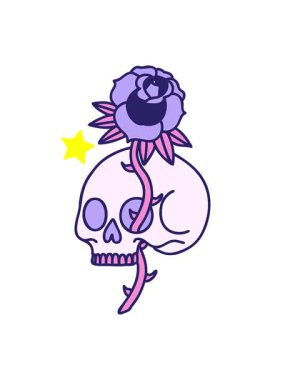 Parıldayan yıldızlar, geleneksel bir kafatası ve gül çizimi tarzında dövme animasyonunu etkiler.