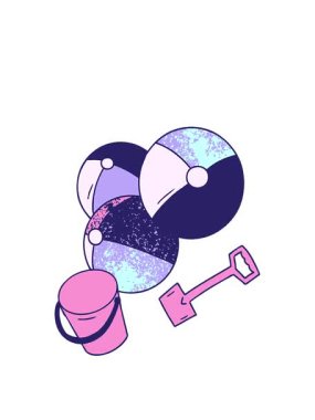 Bir kova ve kürek ile çizilmiş karikatür karalama plaj toplarının animasyonunu uzatıyorum.