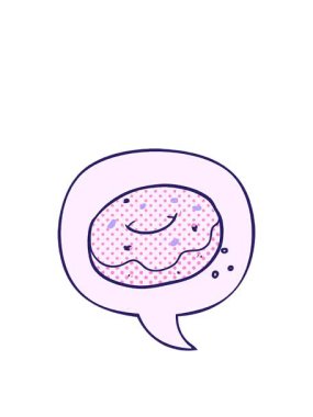 Çizgi roman tarzında konuşma baloncukları serpiştirilmiş çizgi film donutunun zıplama hareketi.