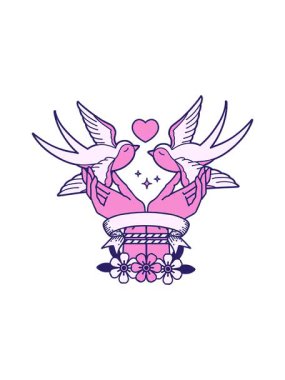 Geleneksel dövmenin döner hareketli animasyonu. Bağlı eller ve kırlangıçlar pankartıyla.