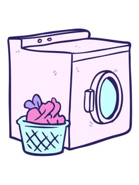 Bir çizgi film çamaşır makinesi ve çamaşır makinesinin titreşimli animasyonu