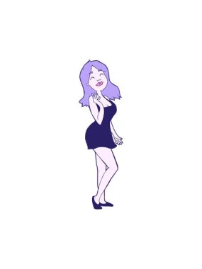 Kokteyl elbisesi içinde güzel bir kadının çizgi film animasyonu.