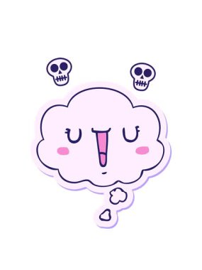 Yazılı çıkartma olarak düşünce baloncuğu olan mutlu bir karikatür yüzünün kafatası animasyonu