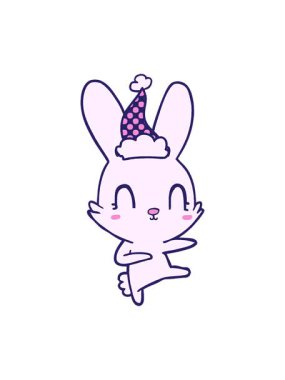 Sevimli el animasyonu çizilmiş çizgi roman tarzı Noel Baba şapkası takan bir tavşanın çizimi.