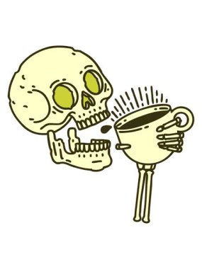 Dövmenin rengini değiştiren geleneksel bir kafatası tarzı kahve içen bir dövme