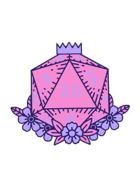Retro Tattoo Stili 'nin hareketli animasyonu. Çiçek elementli doğal 20 D20 zar.