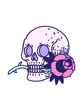 Dövmenin geleneksel kafatası ve gül karikatürü tarzında basınçlı canlandırması