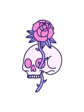 Bir kafatası ve gülün ikonik retro dövme görüntüsünün hareketli animasyonu