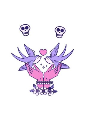 Dövme stili kafatası animasyonu eller ve kırlangıçlar