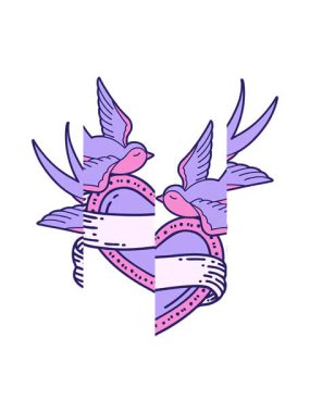 Kırlangıçların geleneksel tarzında retro dövmenin hareketli animasyonu ve sancaklı bir kalp