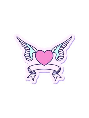 Dövme stili çıkartmanın hareketli animasyonunu kanatlı bir kalbin bayrağıyla patlatmak