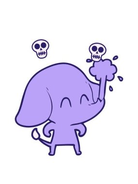 Suyu püskürten sevimli bir filin kafatası animasyonu.