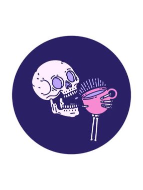 Kafatasının kahve içtiği ikonik dövme imajının dönen hareketi.