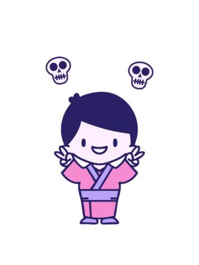 Geleneksel kıyafetlerle kutlama yapan Japon bir adamın kafatası animasyonu.