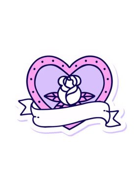 Neon ışık efekti. Dövme çıkartmasının geleneksel kalp gül ve bayrak stilinde canlandırması.