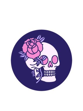 Yanıp sönen radyal çizgiler. İkonik bir dövmenin canlandırması. Kafatası ve gül karalaması.