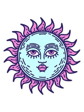 Dövmenin hareketli animasyonu geleneksel güneş stilinde, yüzlü.