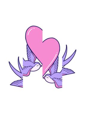 Kırlangıçların ikonik dövme stili görüntüsü ve bir kalp karikatürü.