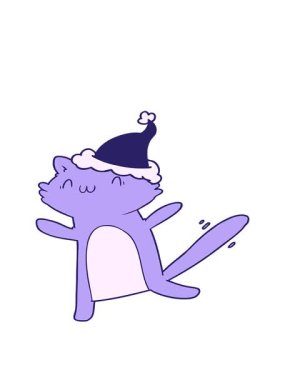 Dans eden bir kedinin Noel Baba şapkası taktığı el çiziminin hareketli animasyonu.