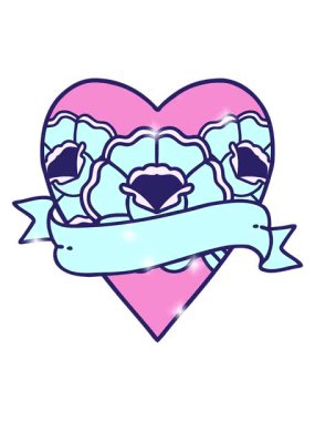 Geleneksel bir kalp ve çiçek pankartıyla yapılan dövmenin ışıltılı etkisi