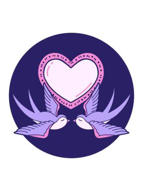 Basınç ikonik dövme stili kırlangıçların görüntüsü ve bir kalp tasarımı.