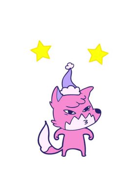 dönen yıldızların animasyonu. Noel Baba şapkası takan bir tilkinin çizimi.