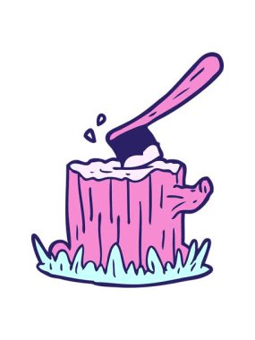 Ağaç kütüğüne sıkışmış çizgi film baltasının hareketli animasyonu