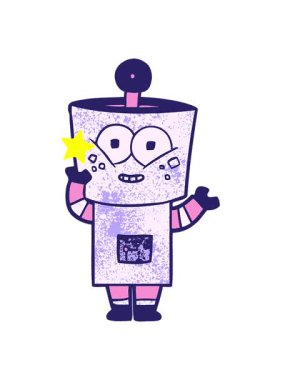 Parıldayan yıldızlar, mutlu çizgi film robotunun el sallamasının animasyonunu etkiler.