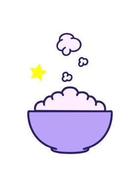 Parıldayan yıldızlar basit bir kasede buharda pişen sıcak pirincin animasyonunu etkiler.