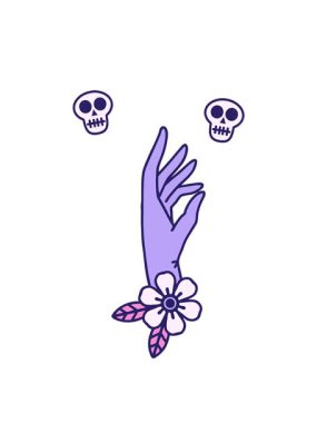 Dövme stili bir el ve çiçeğin kafatası animasyonu