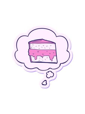 Düşünce baloncuklu çizgi film pastasının basılı bir çıkartma gibi canlandırılması dikkat çekici.