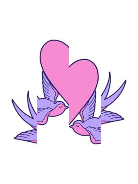 Dövmenin, kırlangıçların geleneksel stili ve kalp şeklinde bölünmüş hareketi.