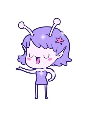 Mutlu uzaylı kız çizgi filminin ışıltılı efektleri gülüyor.