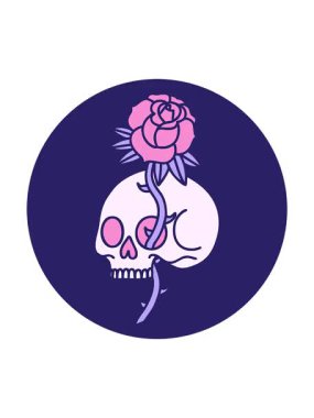 İkonik dövmenin dönen hareketli animasyonu Gotik tarzda bir kafatası ve gül görüntüsü