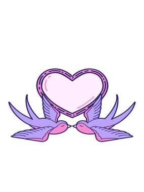 Dövme stili kırlangıçların çizimi ve bir kalbin hareketli animasyonu