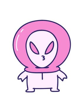 Küçük uzaylının hareketli animasyonu düşünceli görünüyor.