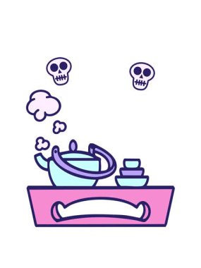 Japon çayının ahşap tepsi dizaynında dönen kafatası animasyonu