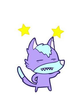 Dişlerini gösteren bir kurt çizgi filminin dönen yıldızları.