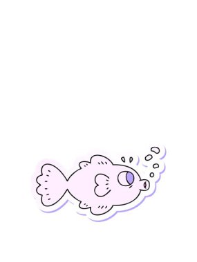 Garip bir el çizilmiş çizgi film balığının çıkartmasını sergiliyorum.